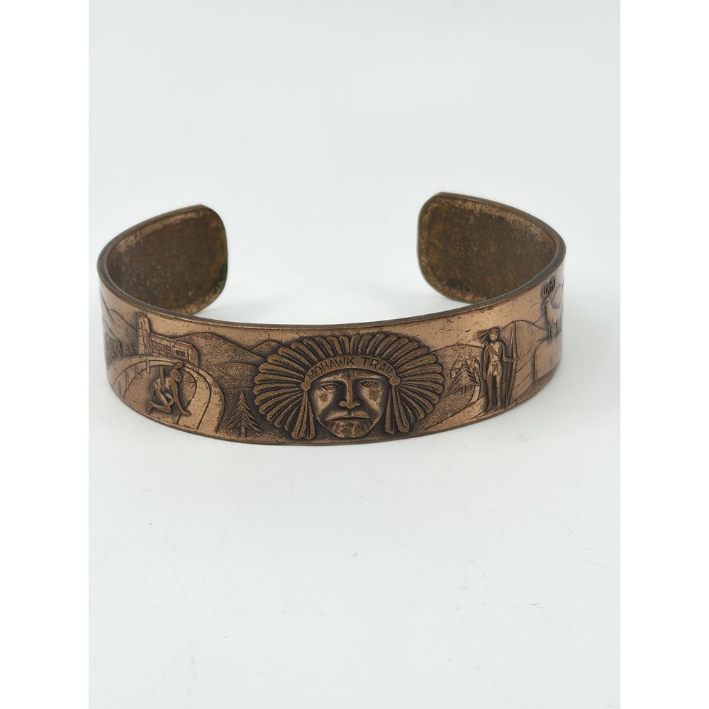 Vtg Mohawk Trail Storyteller Solid Copper Cuff Bracelet Native American Scenes